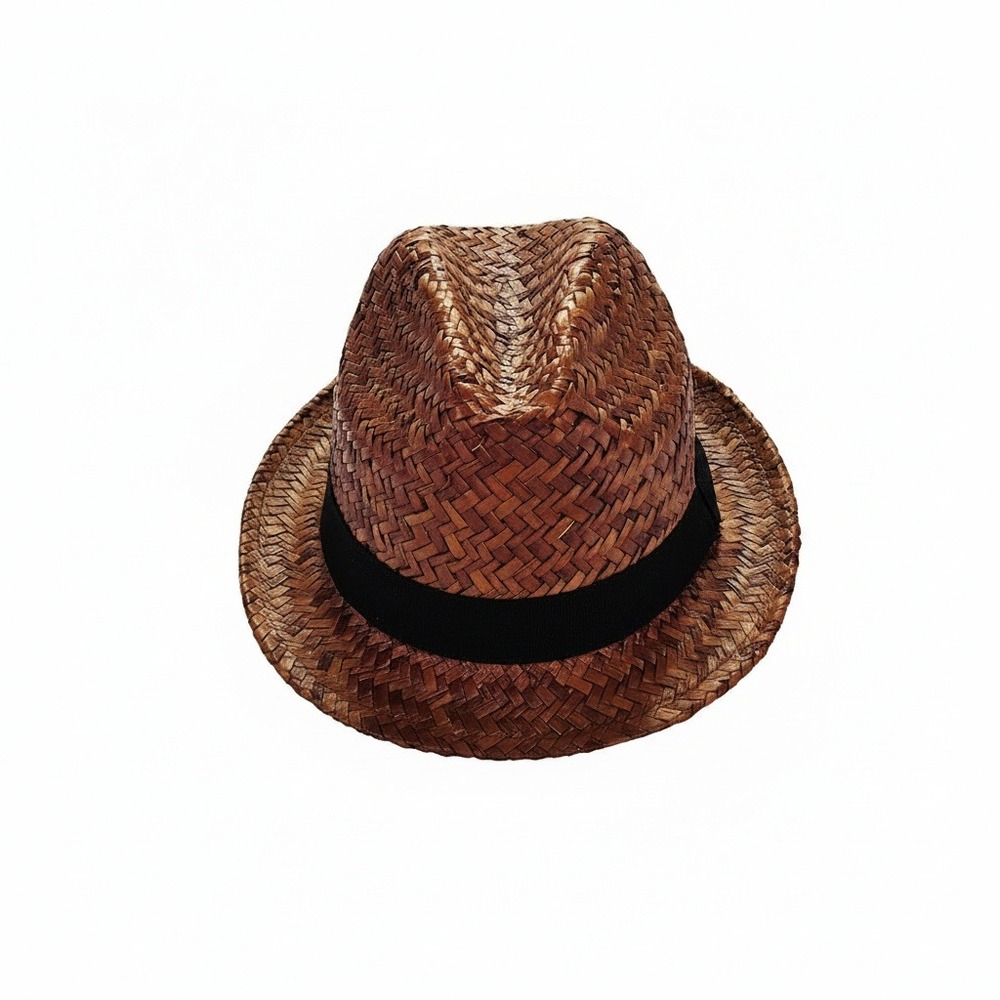 H&M Mens Straw Fedora Hat Brown Woven Sun Hat Black Band Size M/58